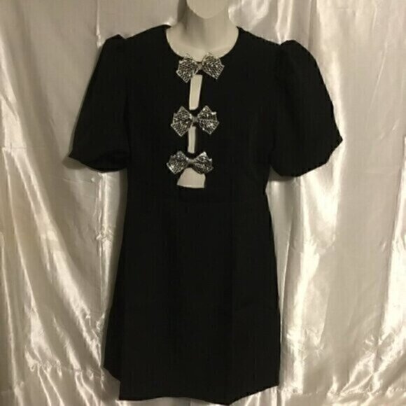Black Puff Sleeve Cut Out Party Bow Rhinestone Mini Dress L - Picture 13 of 14